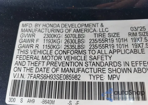 2025 Honda Cr-V Hybrid Sport Touring из США, поврежденный, VIN 7FARS6H93SE085982